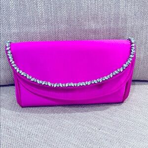 🩷 NWT Elegant Pink Clutch with Rhinestone Trim Silver Chain & Dust Bag